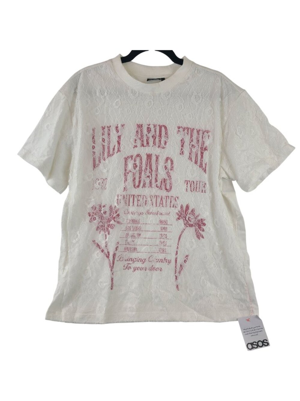 ASOS Design Oversized White Lace Band Graphic T-Shirt Short Sleeves Women's Sz S